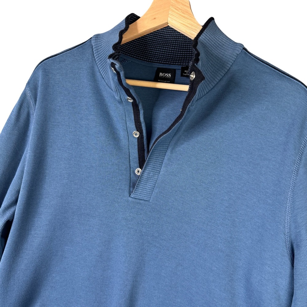 BOSS Hugo Boss Mens Blue 100% Cotton Regular Fit Quarter Snap Pullover Sweater M